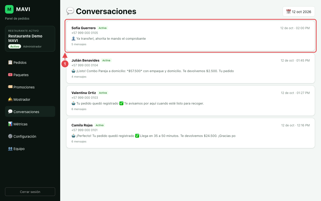 Lista de conversaciones del día, con el nombre de cada cliente, su último mensaje, la hora y si la conversación está activa. El número 1 marca la primera conversación.