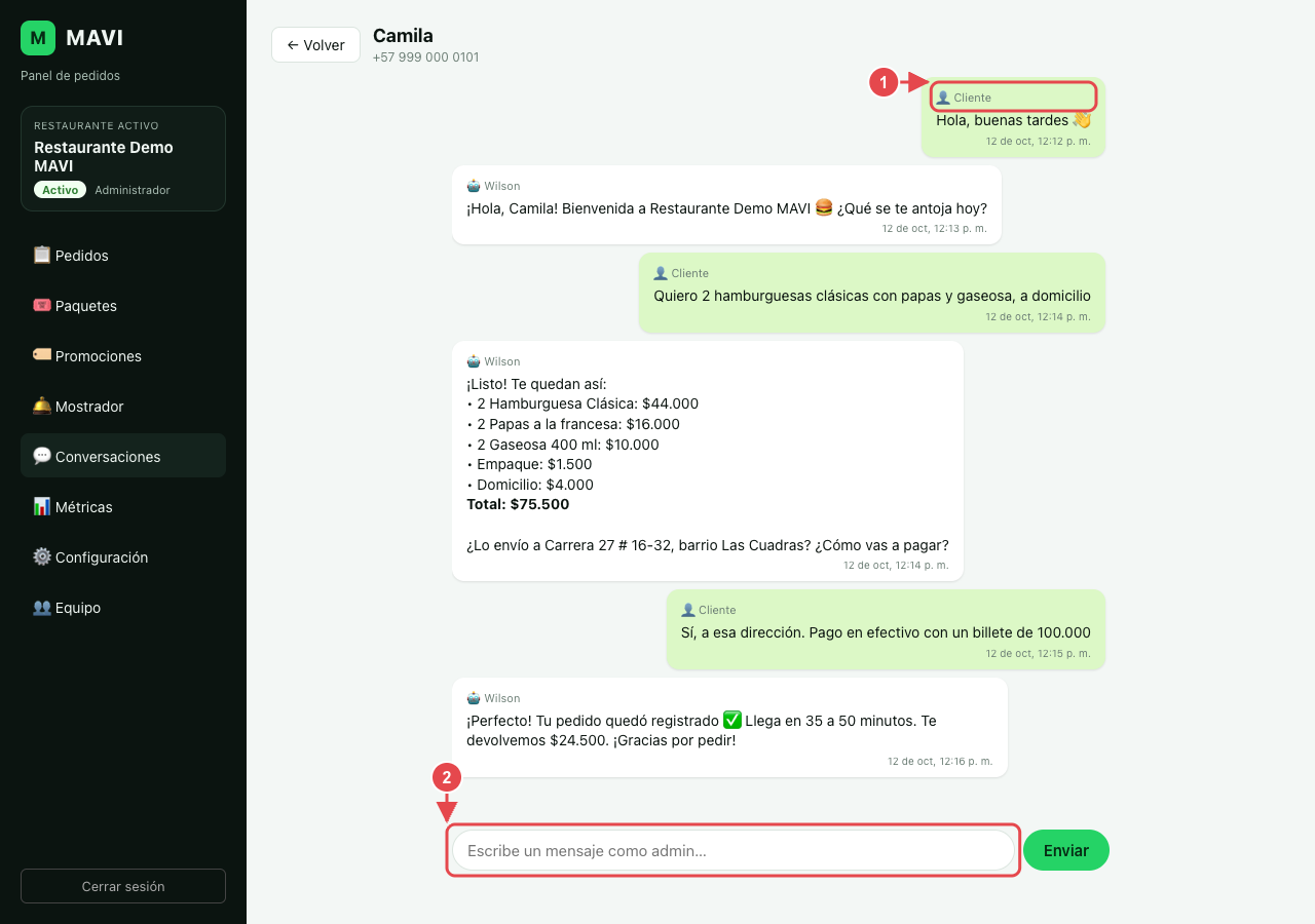 Chat de un cliente con el agente. El número 1 marca un mensaje del cliente y el 2 el cuadro para escribir un mensaje como administrador.