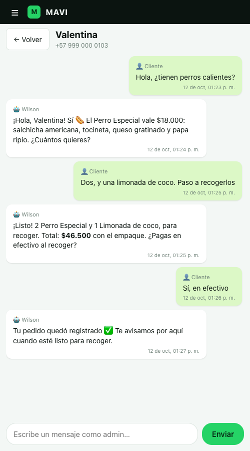 El mismo chat visto en un celular, con los mensajes y el cuadro para escribir abajo.