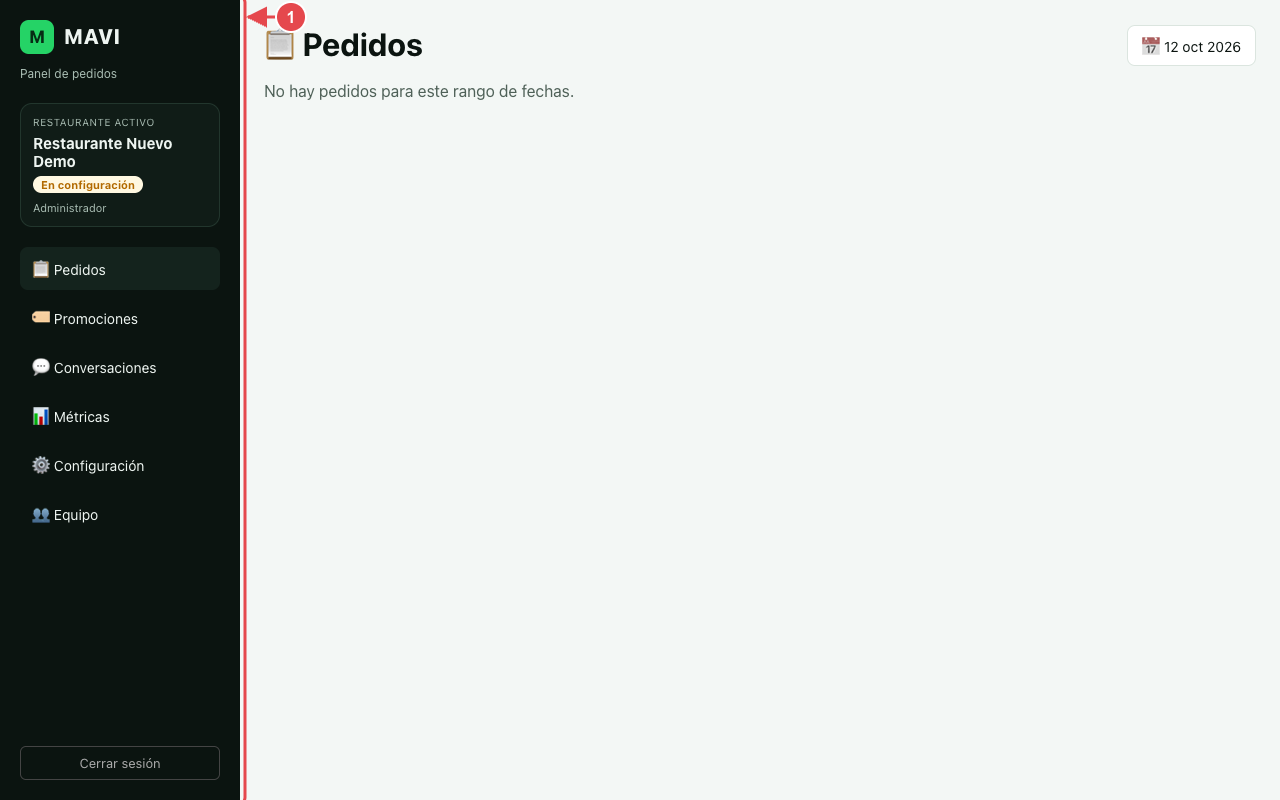 Panel de MAVI en computador. El menú lateral, marcado con el número 1, muestra Pedidos, Promociones, Conversaciones, Métricas, Configuración y Equipo.