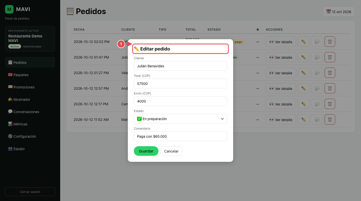 Ventana Editar pedido, marcada con el número 1, con los campos cliente, total, envío, estado y comentario.