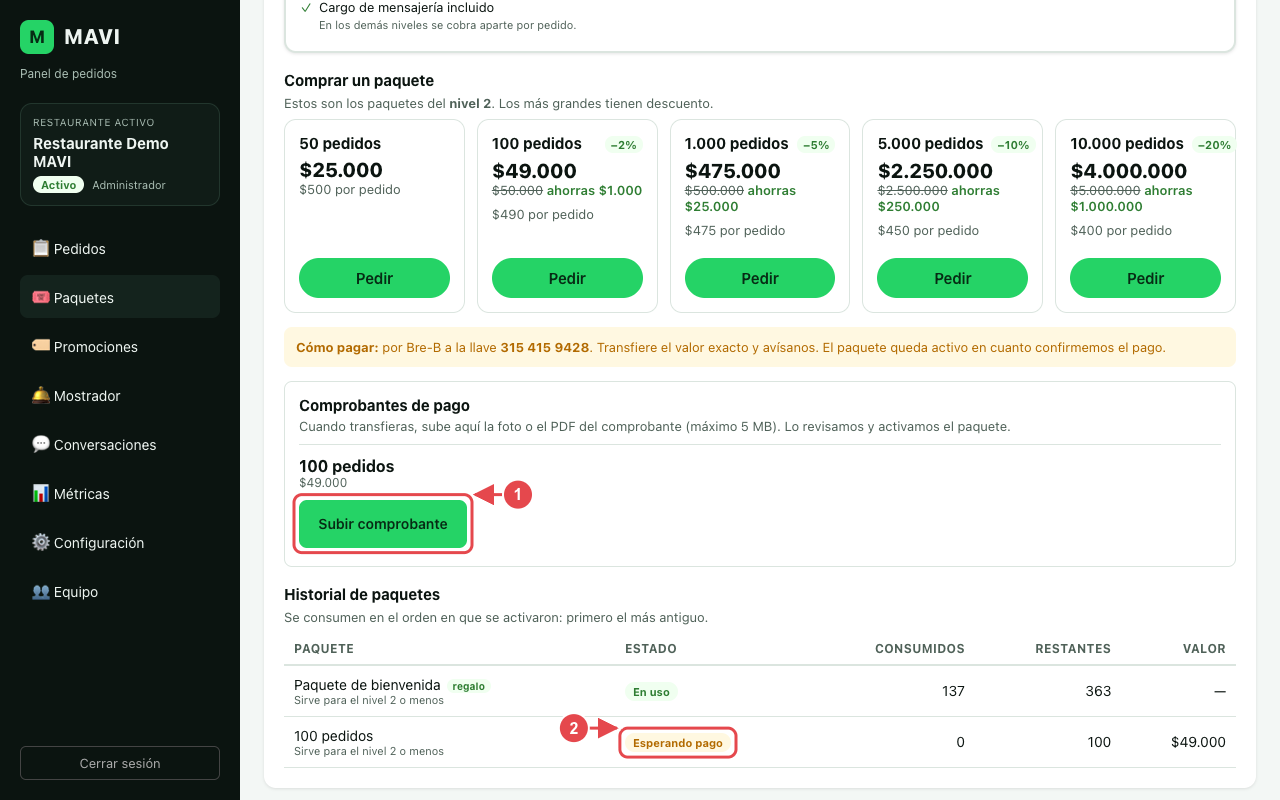 Sección Comprobantes de pago con el botón Subir comprobante, marcado con el número 1, y el historial de paquetes con uno Esperando pago, marcado con el número 2.