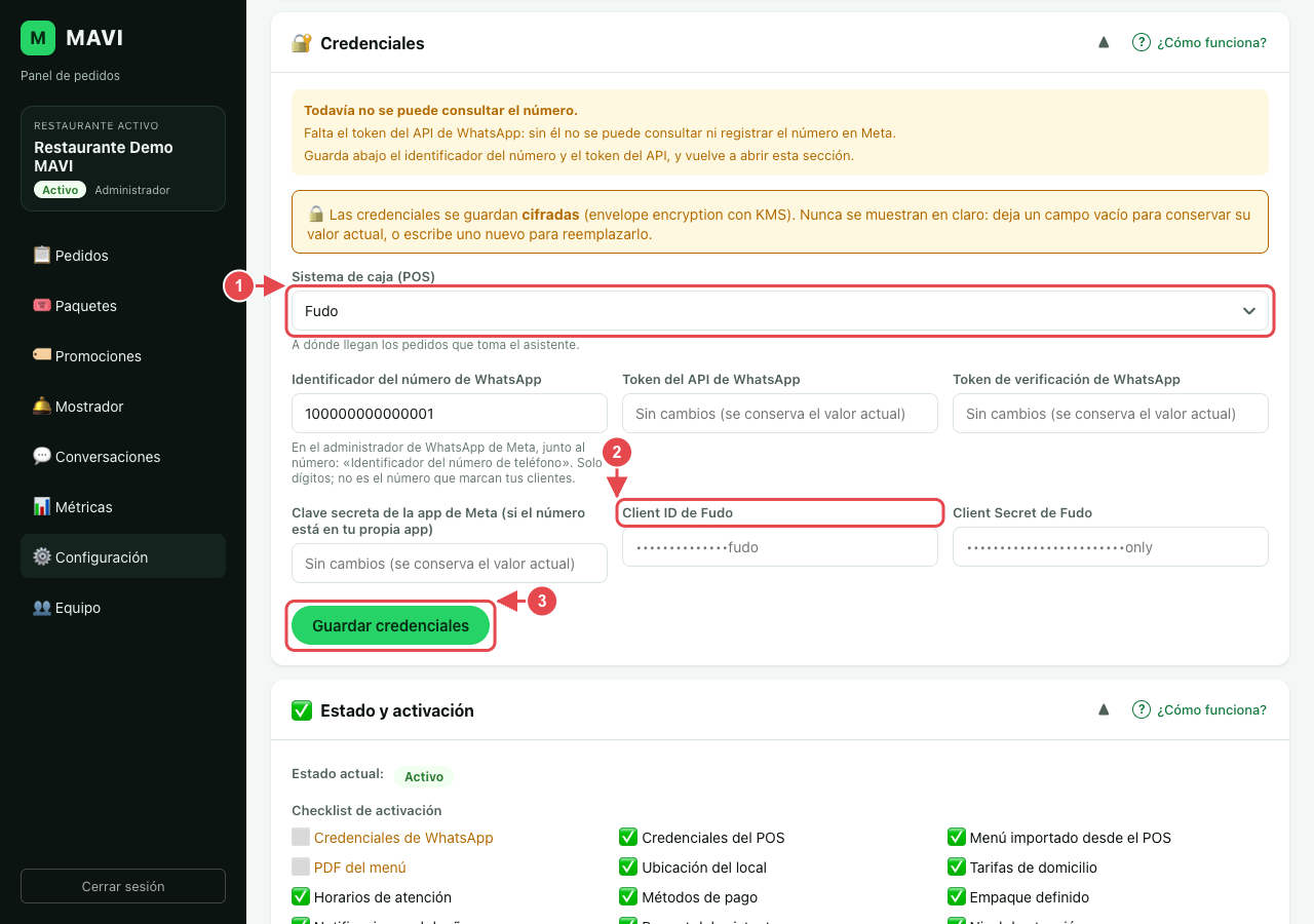 Sección Credenciales con Fudo elegido como sistema de caja. El número 1 marca el selector del sistema de caja, el 2 el campo Client ID de Fudo y el 3 el botón Guardar credenciales.