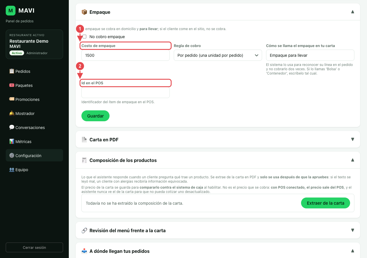 Sección Empaque. El número 1 marca el costo de empaque y el 2 el identificador del empaque en el POS.