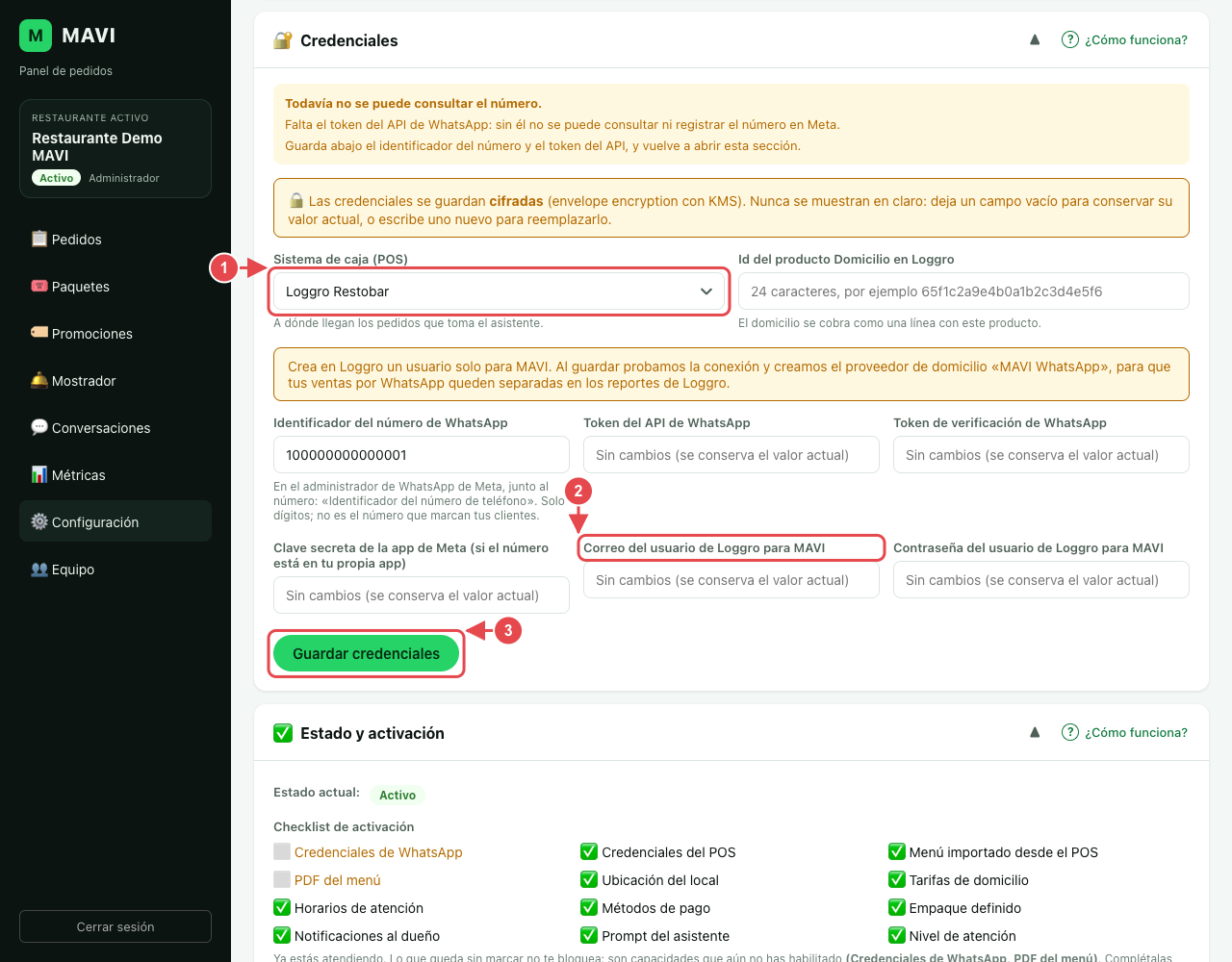 Sección Credenciales con Loggro Restobar elegido. El número 1 marca el selector del sistema de caja, el 2 el correo del usuario de Loggro para MAVI y el 3 el botón Guardar credenciales.