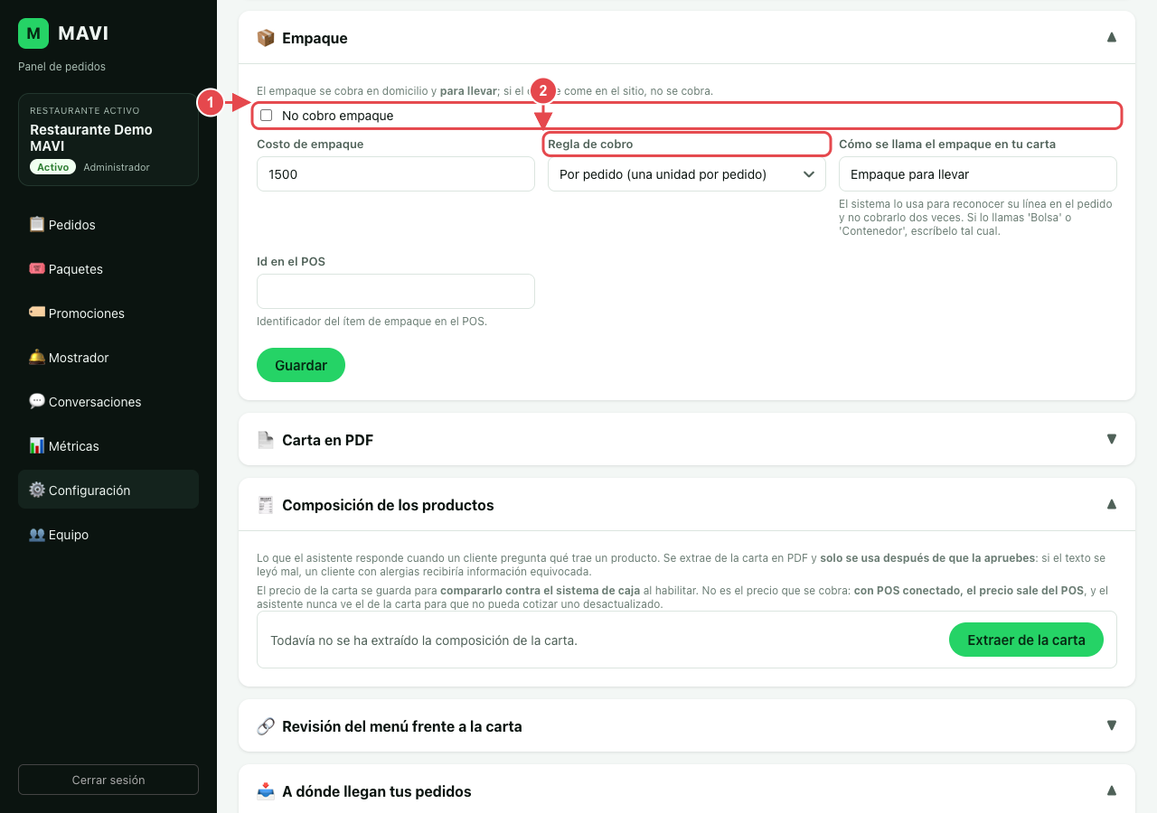 Sección Empaque. El número 1 marca la casilla No cobro empaque y el 2 la regla de cobro.