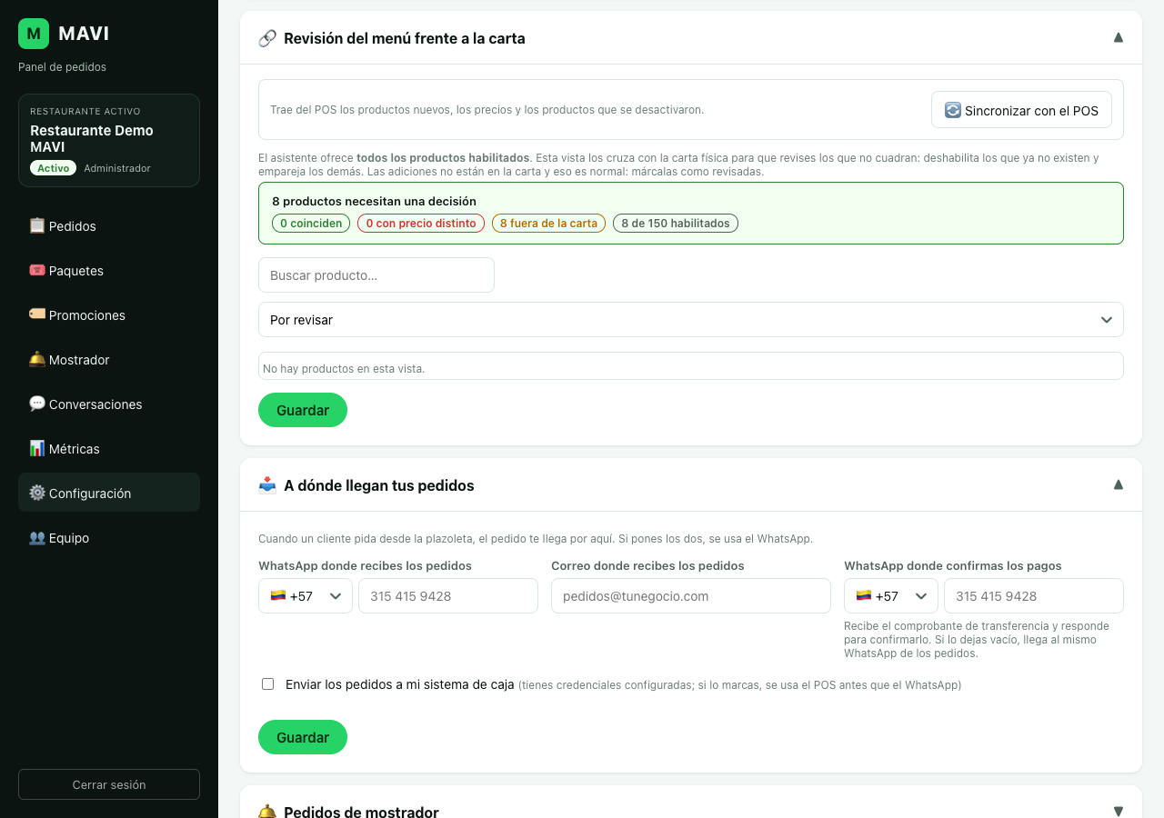 Sección Revisión del menú frente a la carta, con el botón Sincronizar con el POS, el resumen de productos que necesitan una decisión y el buscador.