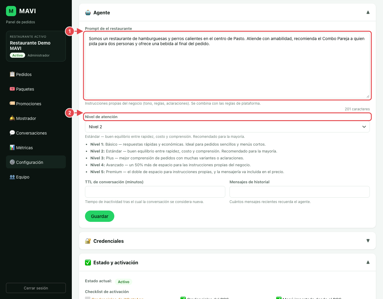 Sección Agente. El número 1 marca el cuadro del prompt del restaurante y el 2 el nivel de atención.