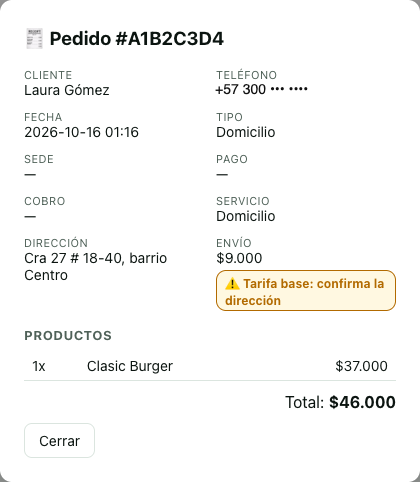 Detalle de un pedido a domicilio en Pedidos. Bajo el envío de 9.000 pesos aparece la etiqueta Tarifa base: confirma la dirección.