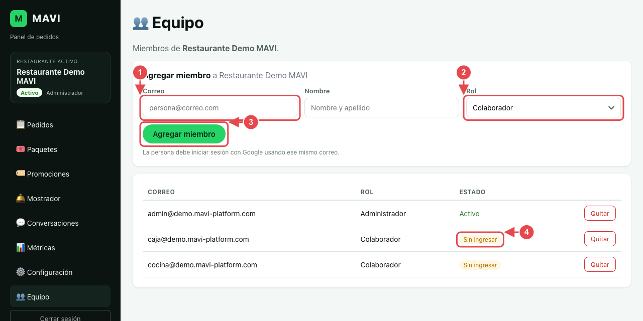 Pantalla Equipo. El número 1 marca el campo del correo, el 2 el selector del rol, el 3 el botón Agregar miembro y el 4 el estado Sin ingresar de un miembro invitado.