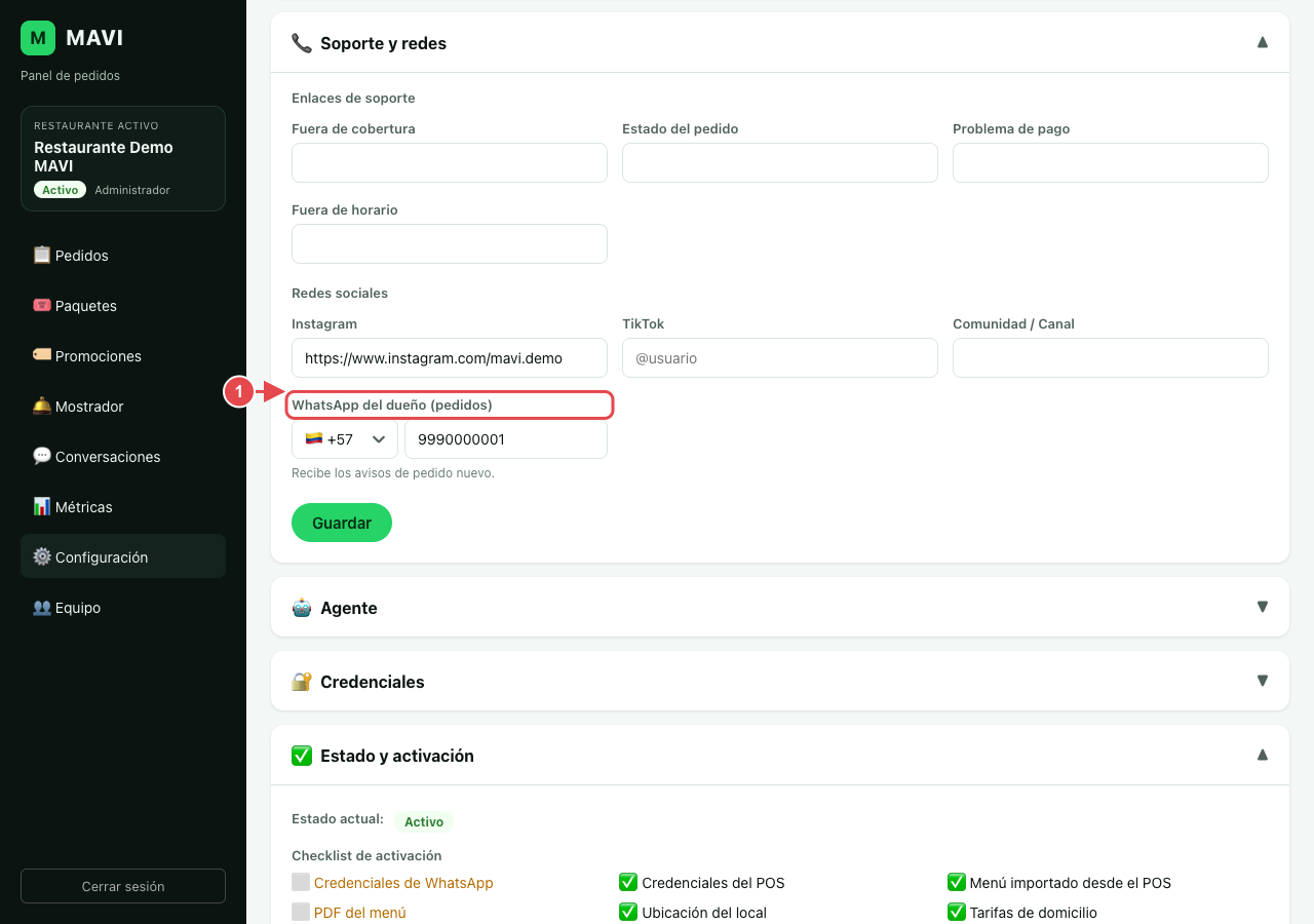 Sección Soporte y redes de la configuración, con el campo WhatsApp del dueño para pedidos marcado con el número 1.